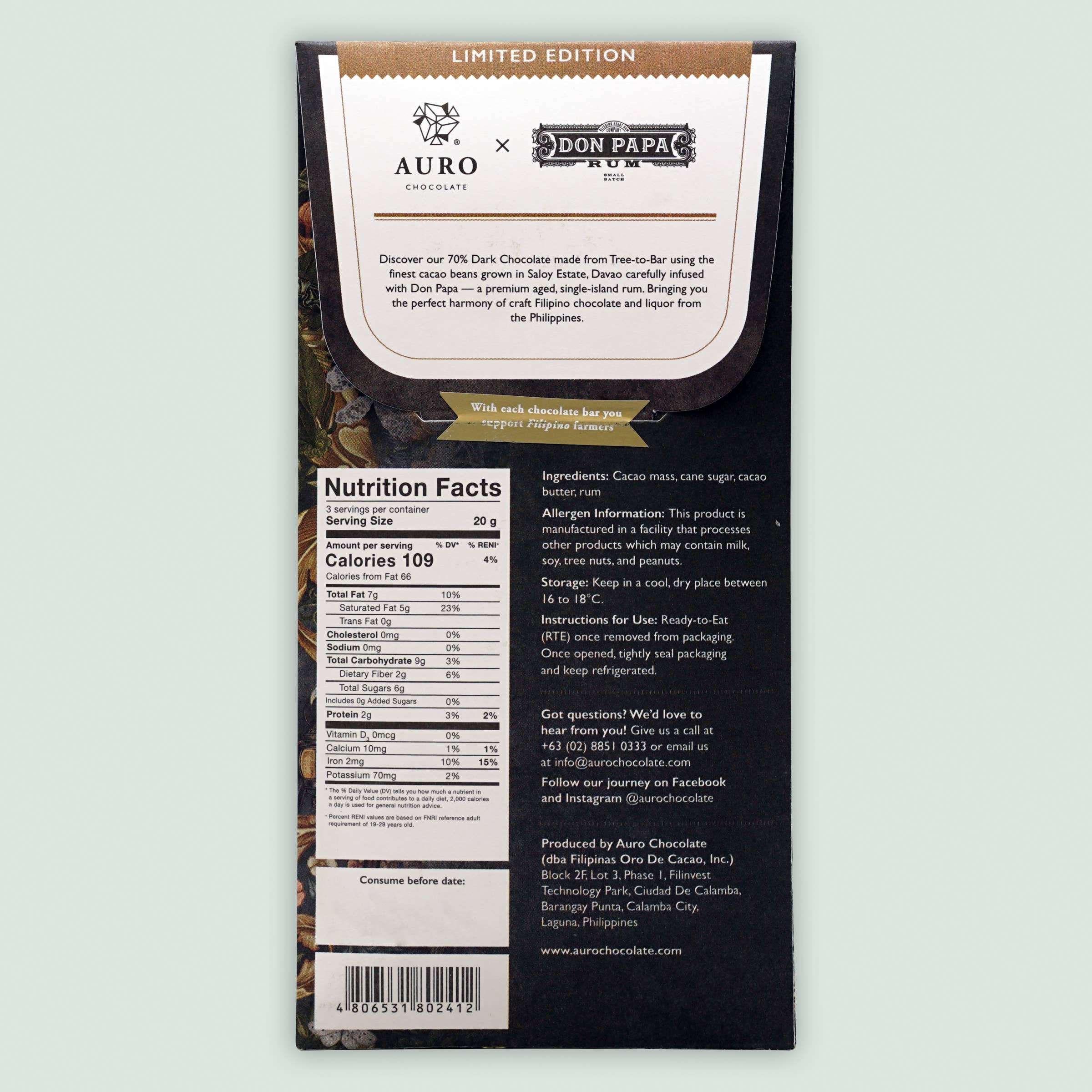 Auro x Don Papa Dark Chocolate w/ Rum 70% (Special Edition)