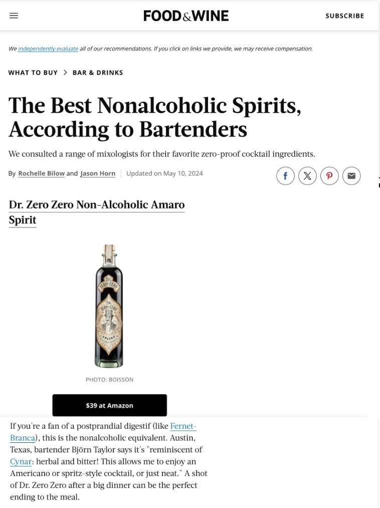 Dr Zero Zero AmarNo Award Winning Non-Alcoholic Amaro