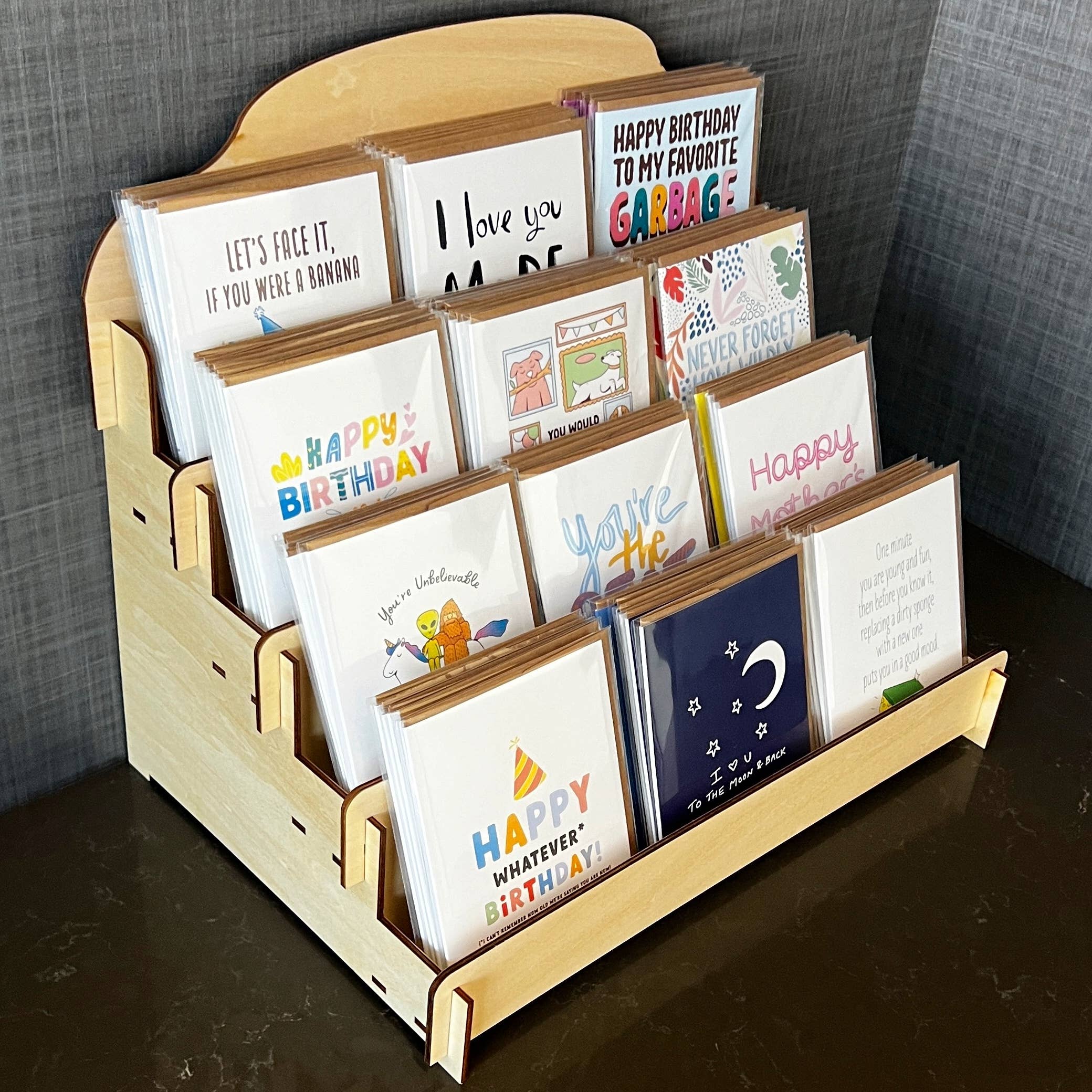 4 Tier Wooden Greeting Card Display Rack (Holds 12 Designs)