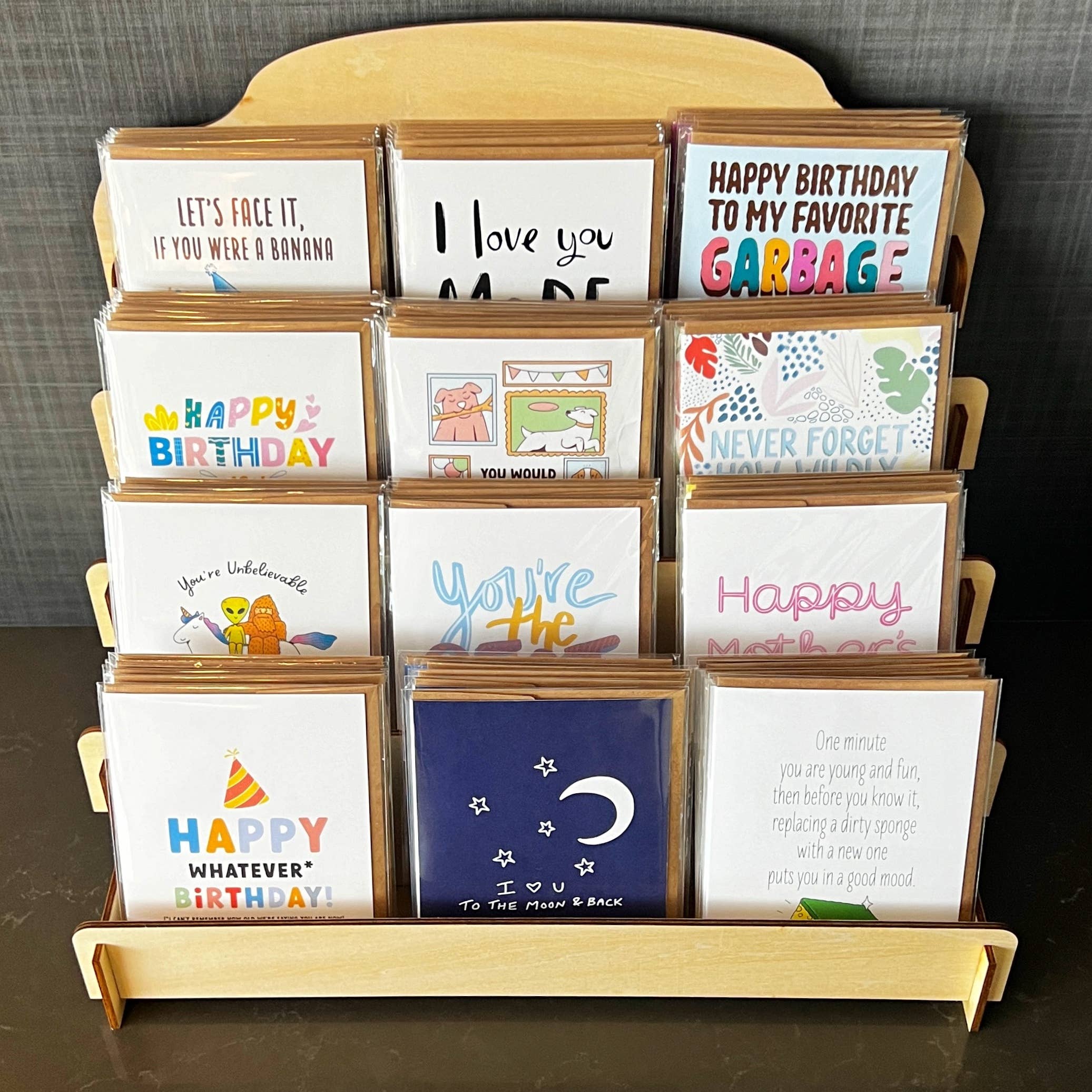 4 Tier Wooden Greeting Card Display Rack (Holds 12 Designs)